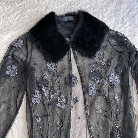 Sue Wong fur collar beaded embroidered sheer jacket duster coat cocktail floral - Picture 10 of 15